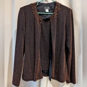 Xscape Metallic Beaded Open Front Cardigan Tank Set Mob Wife Evening Glam S/M